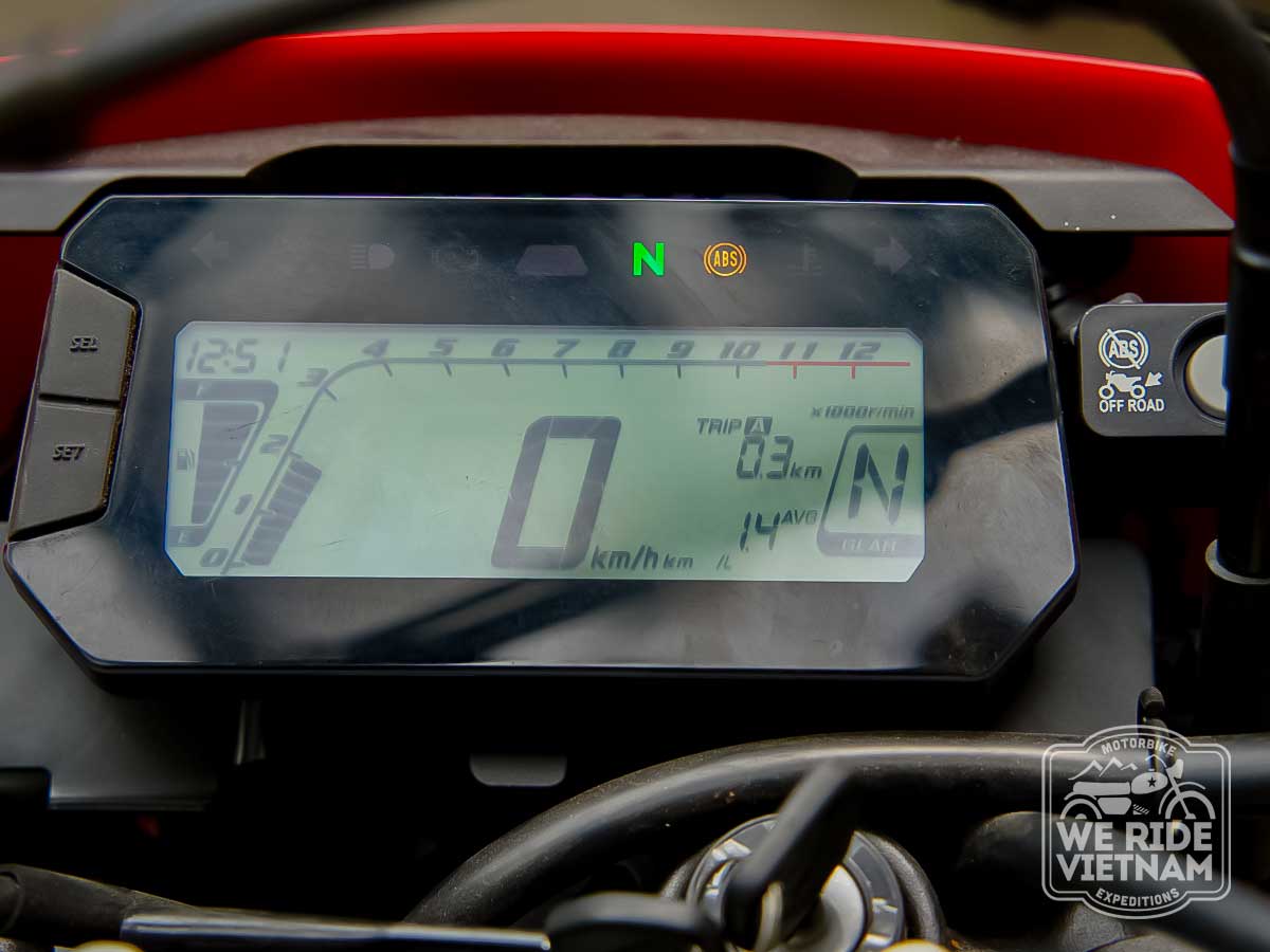 digital motorcycle instrument cluster showing speed 0 kmh neutral gear n trip a 03 km average 14 abs indicator light on watermark we ride vietnam in corner